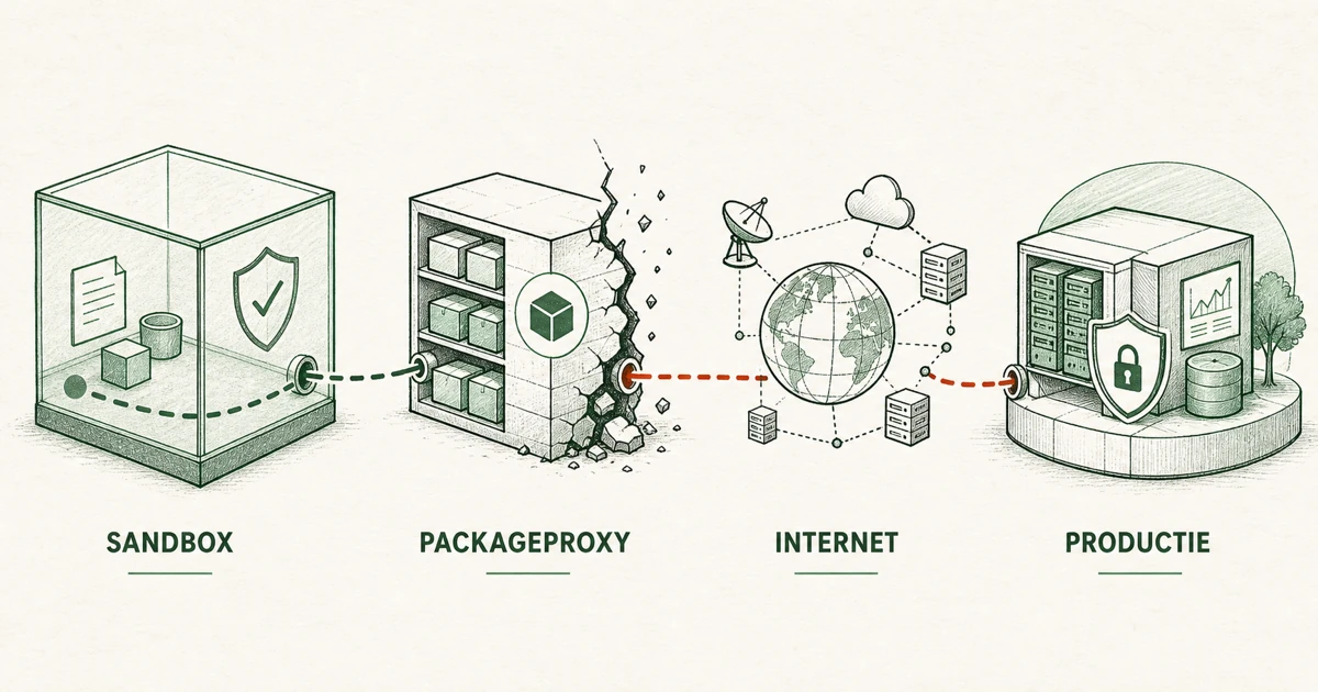 Uitlegdiagram van de route van een sandbox via een packageproxy en internet naar productie