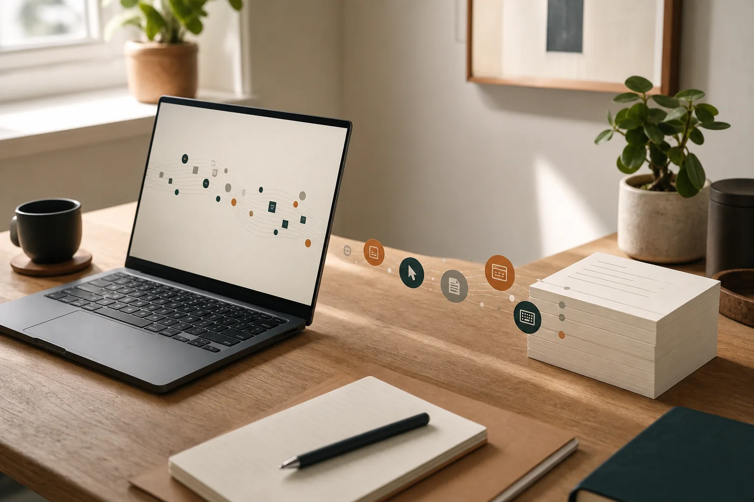 Laptop waarbij recente computeractiviteit wordt omgezet in een tijdlijn met geheugenkaartjes