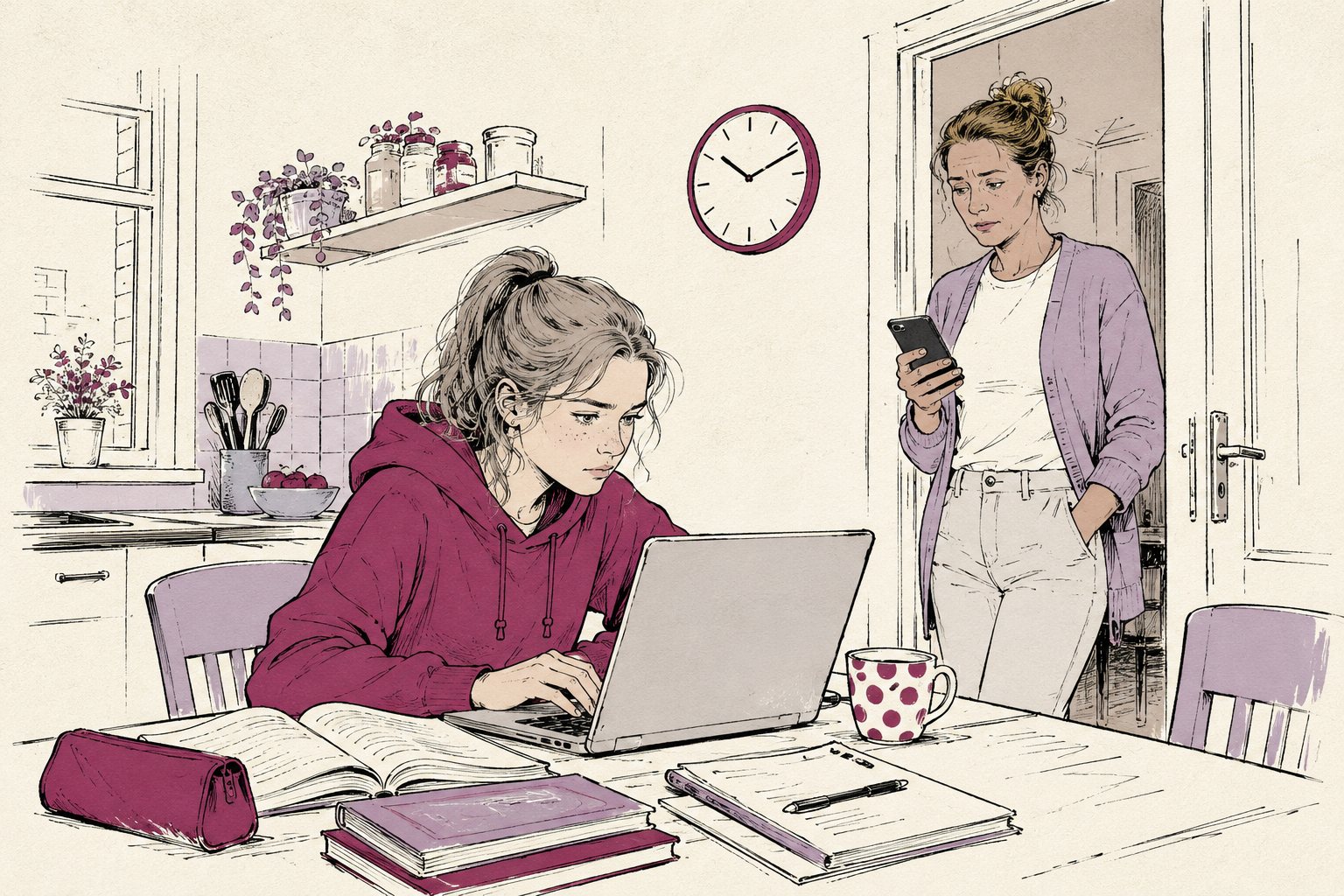 Tiener werkt aan de keukentafel op een laptop terwijl een ouder in de deuropening op haar telefoon kijkt