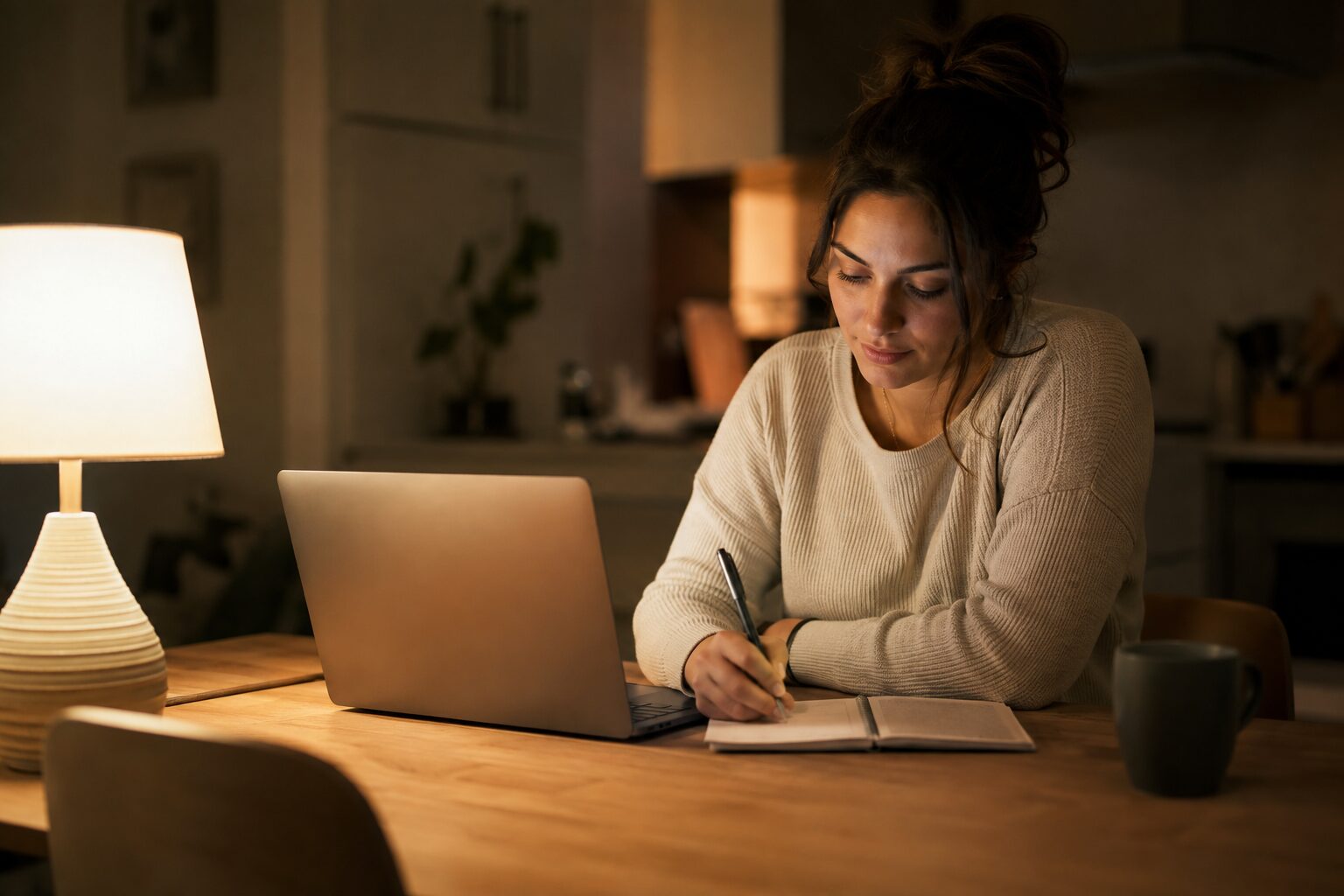Vrouw maakt ’s avonds aantekeningen in een notitieboek naast een laptop