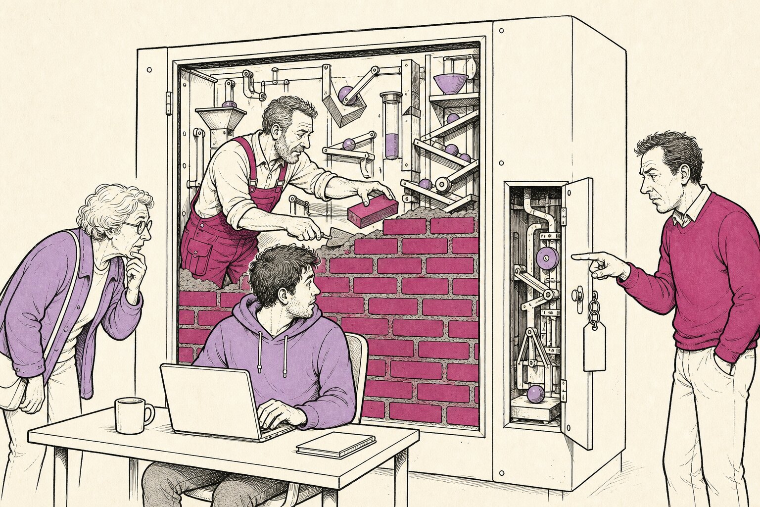 Illustratie: leverancier metselt de brede hoofddeur van een machinekast dicht en laat een klein zijdeurtje met sleutel openstaan, ontwikkelaar en collega kijken toe