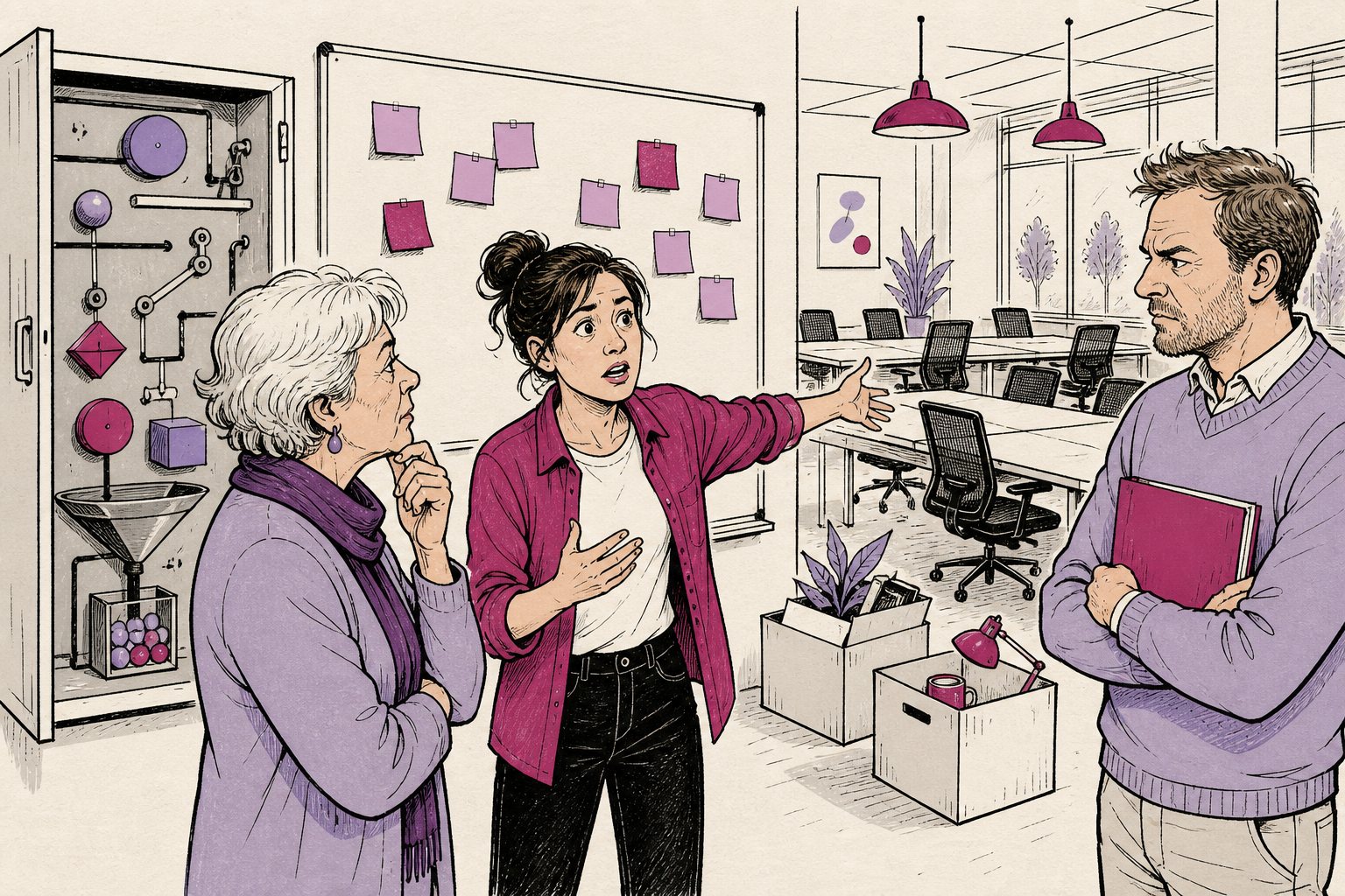 Collega in gesprek bij lege bureaus en verhuisdozen op een kantoorvloer