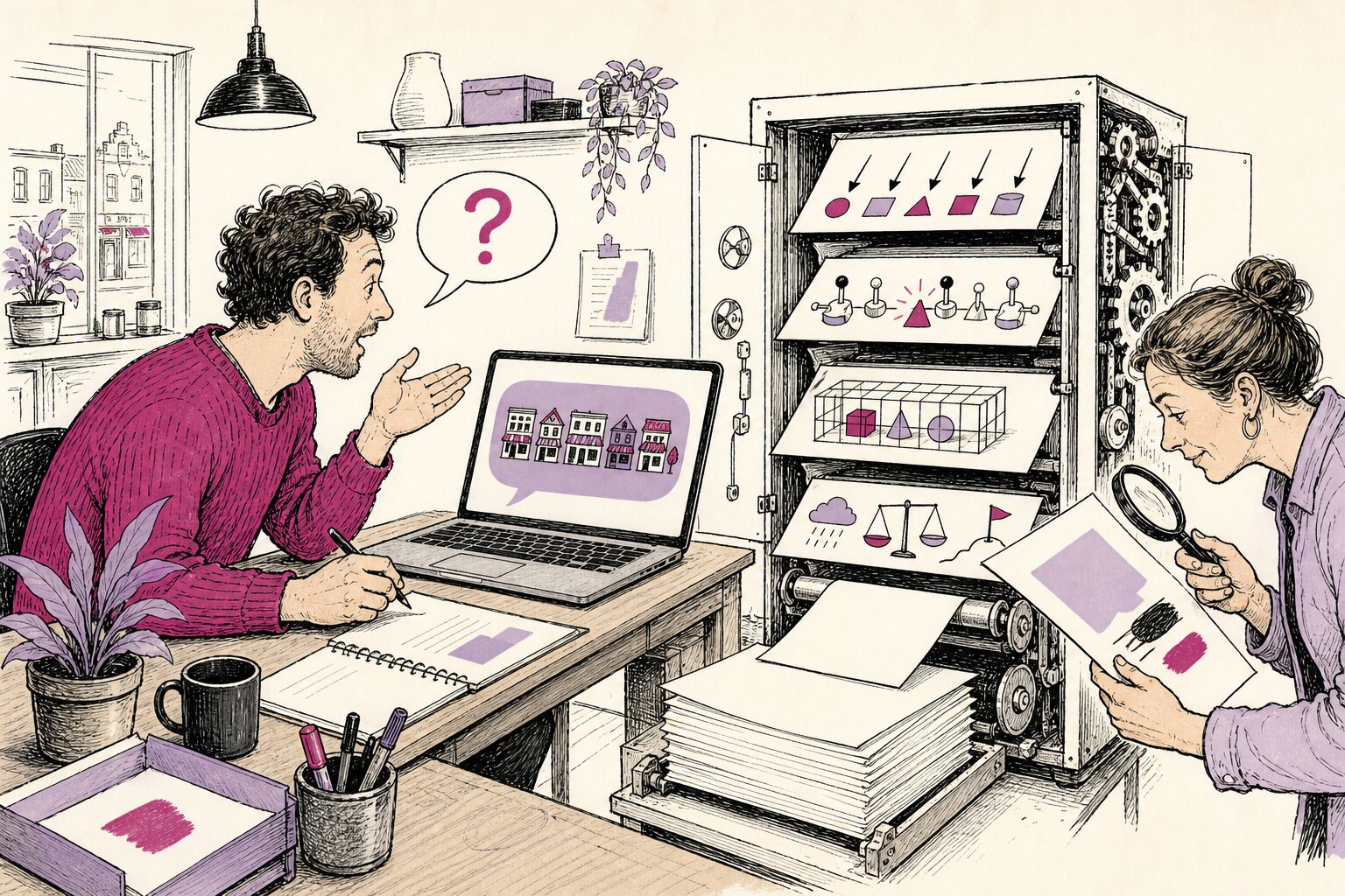 Ondernemer aan een bureau stelt hardop een vraag aan een laptop, een machine drukt stapels pagina's, collega met vergrootglas