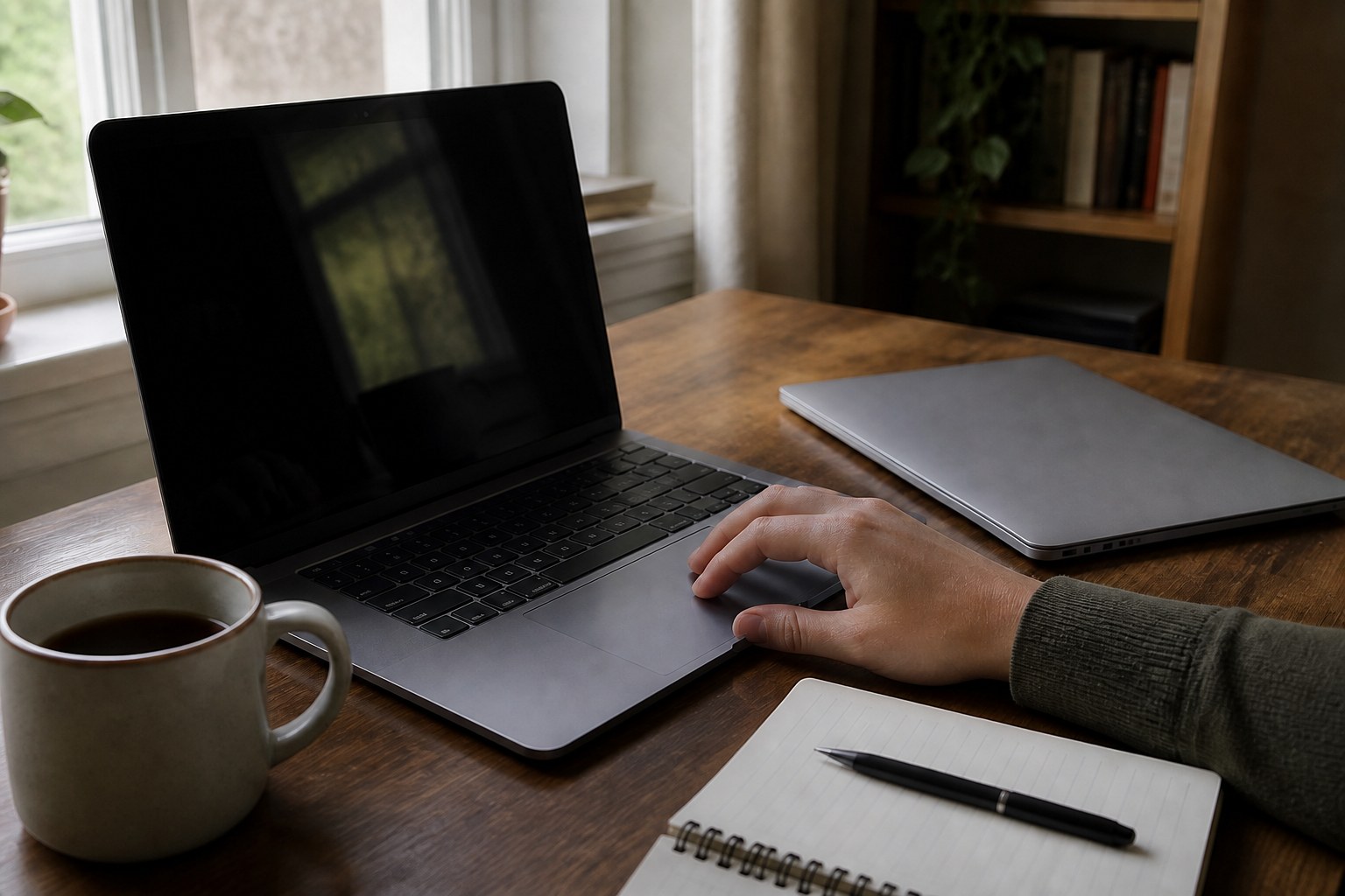 Twee laptops naast elkaar op een houten bureau, één open en in gebruik, de andere dicht