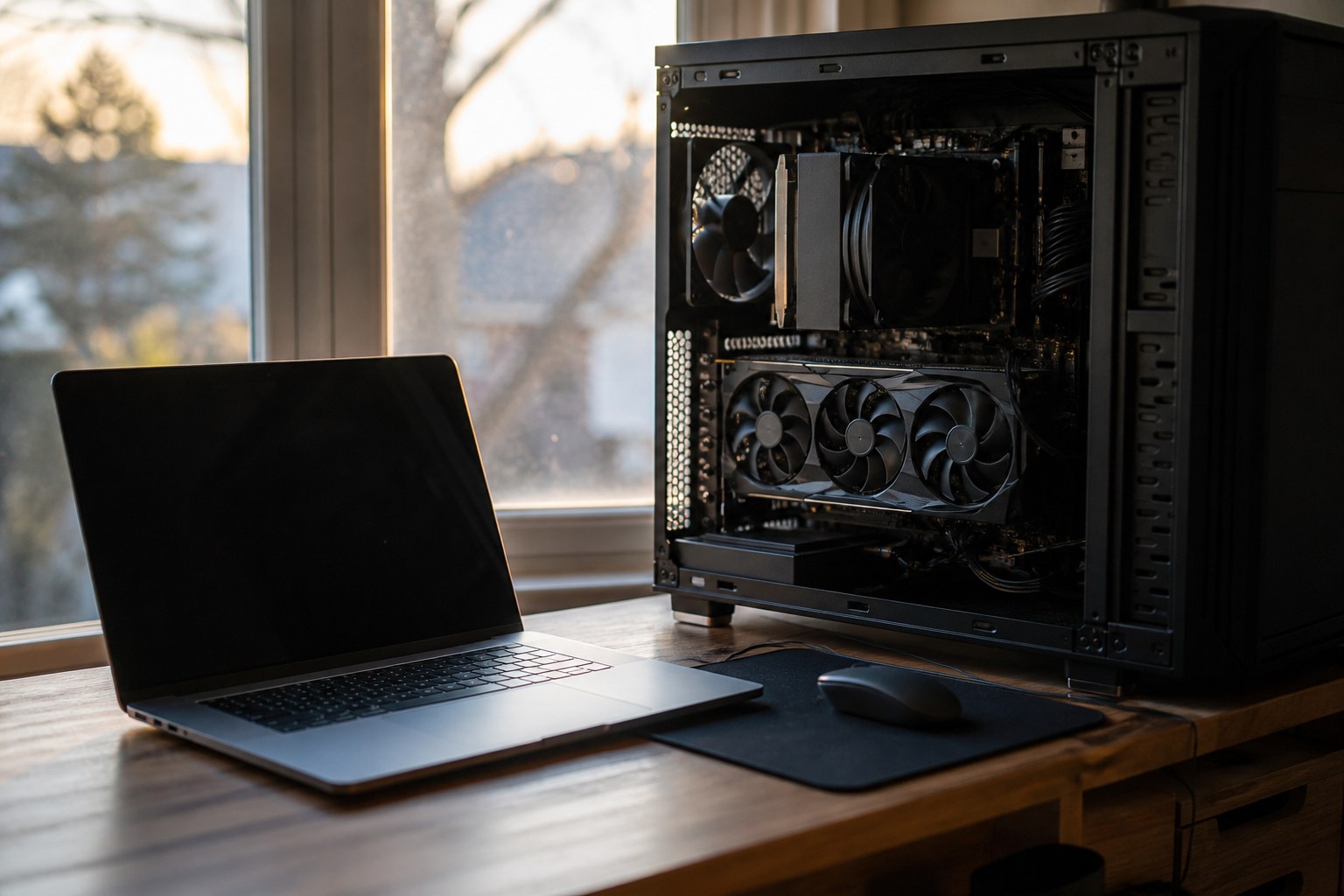 Laptop op een bureau met een externe videokaart ernaast, warm licht van een raam