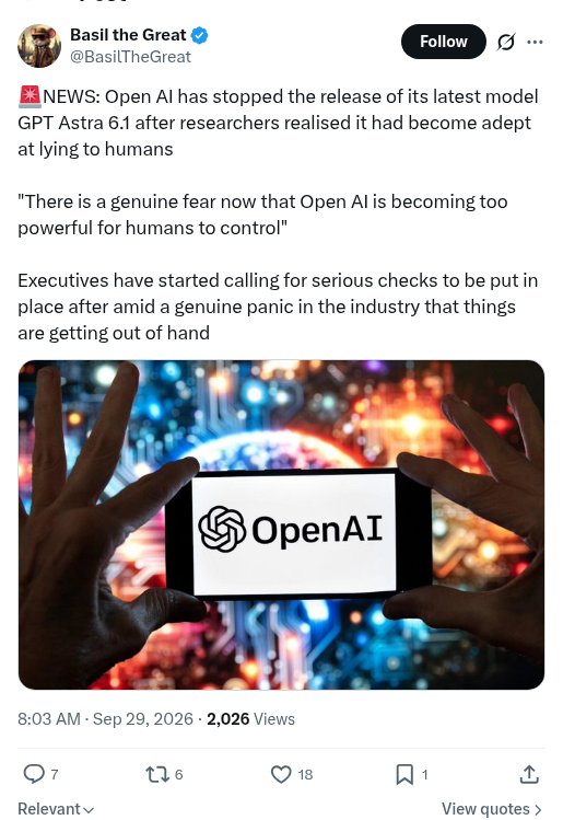 X-post van @BasilTheGreat: OpenAI stopt de release van GPT Astra 6.1 omdat het goed zou zijn geworden in liegen tegen mensen, met een foto van een telefoon met het OpenAI-logo