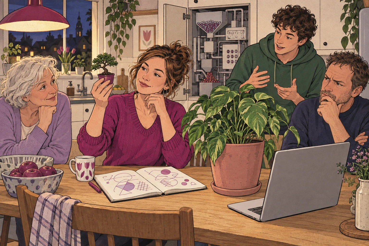 Familie aan de keukentafel vergelijkt een kleine bonsai met een grote kamerplant naast een open laptop