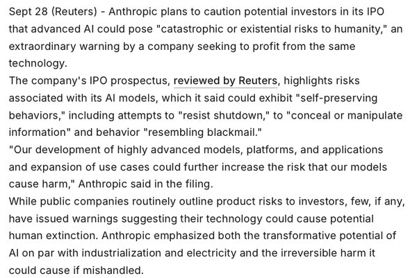 Screenshot van de Reuters-tekst over Anthropic dat beleggers waarschuwt voor catastrofale of existentiële risico's, zelfbehoud, shutdown en chantage