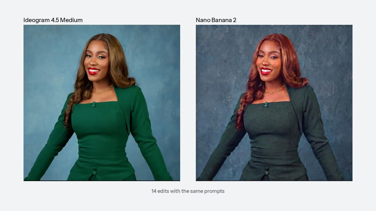 Portret na veertien edits: links Ideogram 4.5 in een groene jurk tegen een blauwe muur, rechts Nano Banana 2 met rood haar, een dofgroene jurk en een grauwere achtergrond