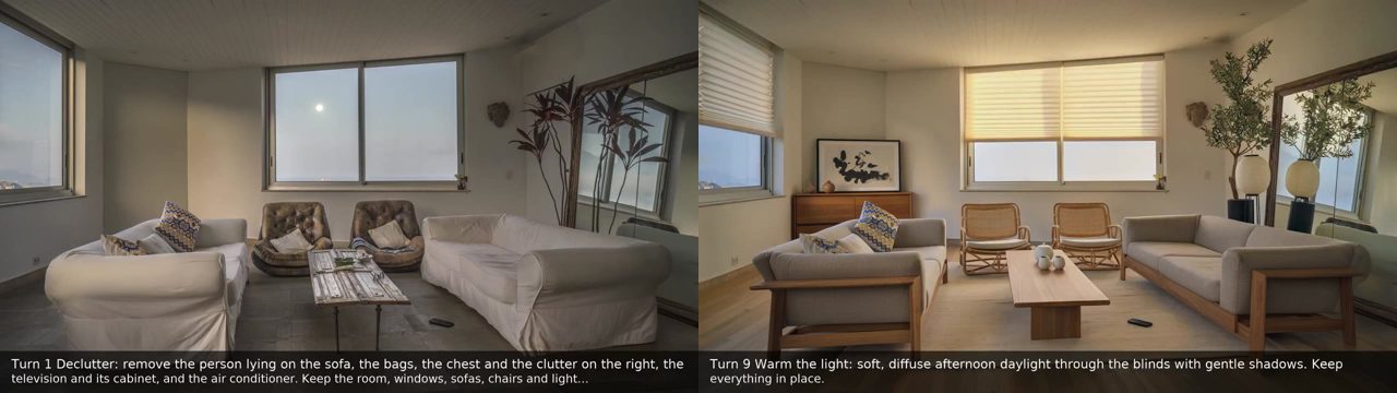 Woonkamer na de eerste edit met een opgeruimde bank, en dezelfde kamer na de negende edit met warm middaglicht door de jaloezieën en nieuwe meubels