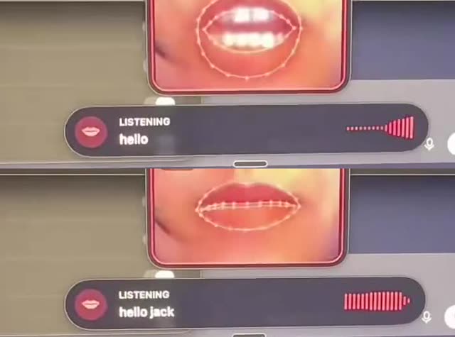 Twee momenten uit de Lipflow-demo: een close-up van een mond met gevolgde lippunten, met eronder de voorlopige tekst hello en daarna hello jack